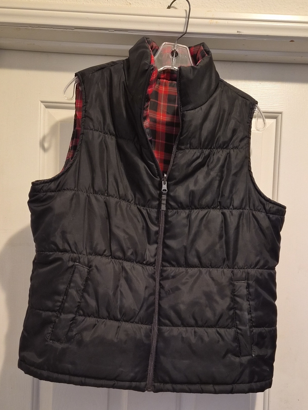 Women's Black/ Red Plaid Reversable Quilted Puffer Vest with Red Plaid Lining